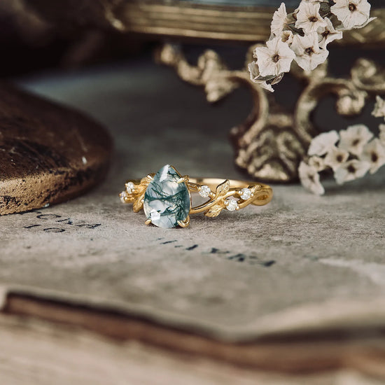 Moss Agate Leaf Engagement Ring