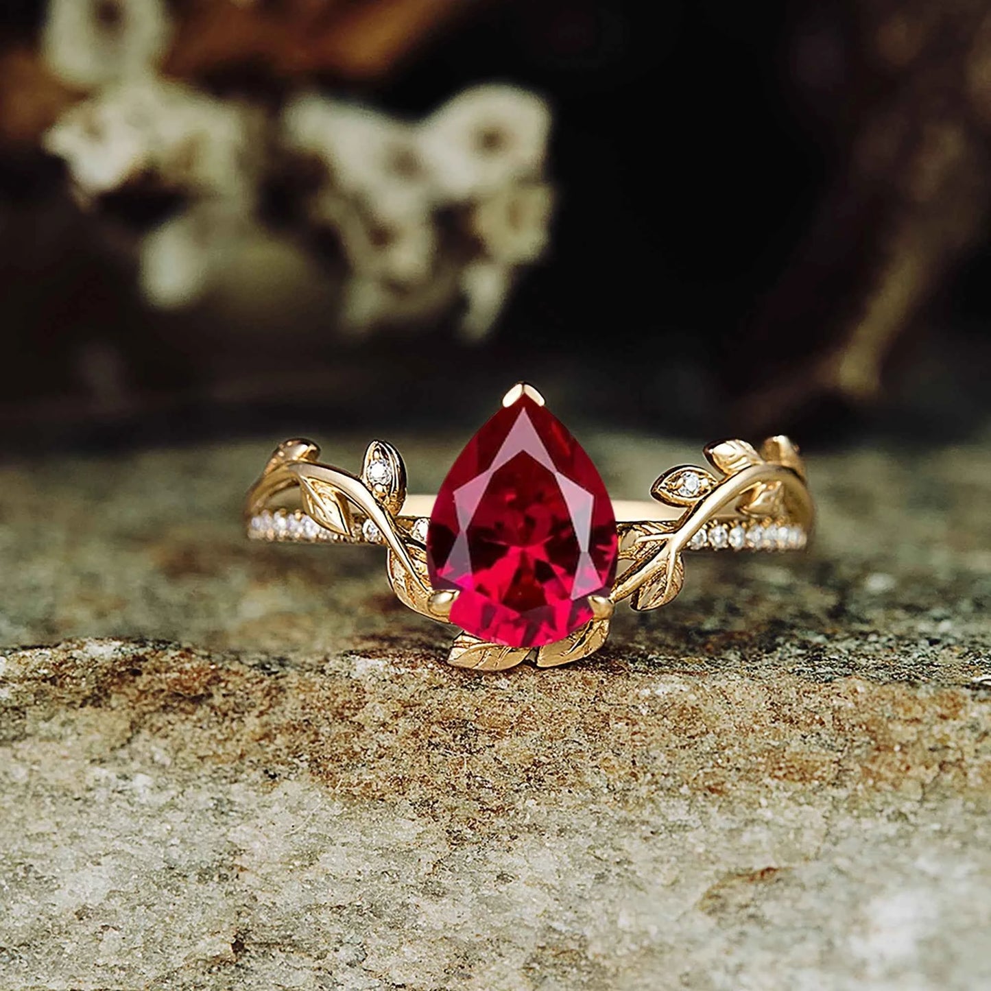 Pear Cut Ruby Nature Inspired Engagement Ring