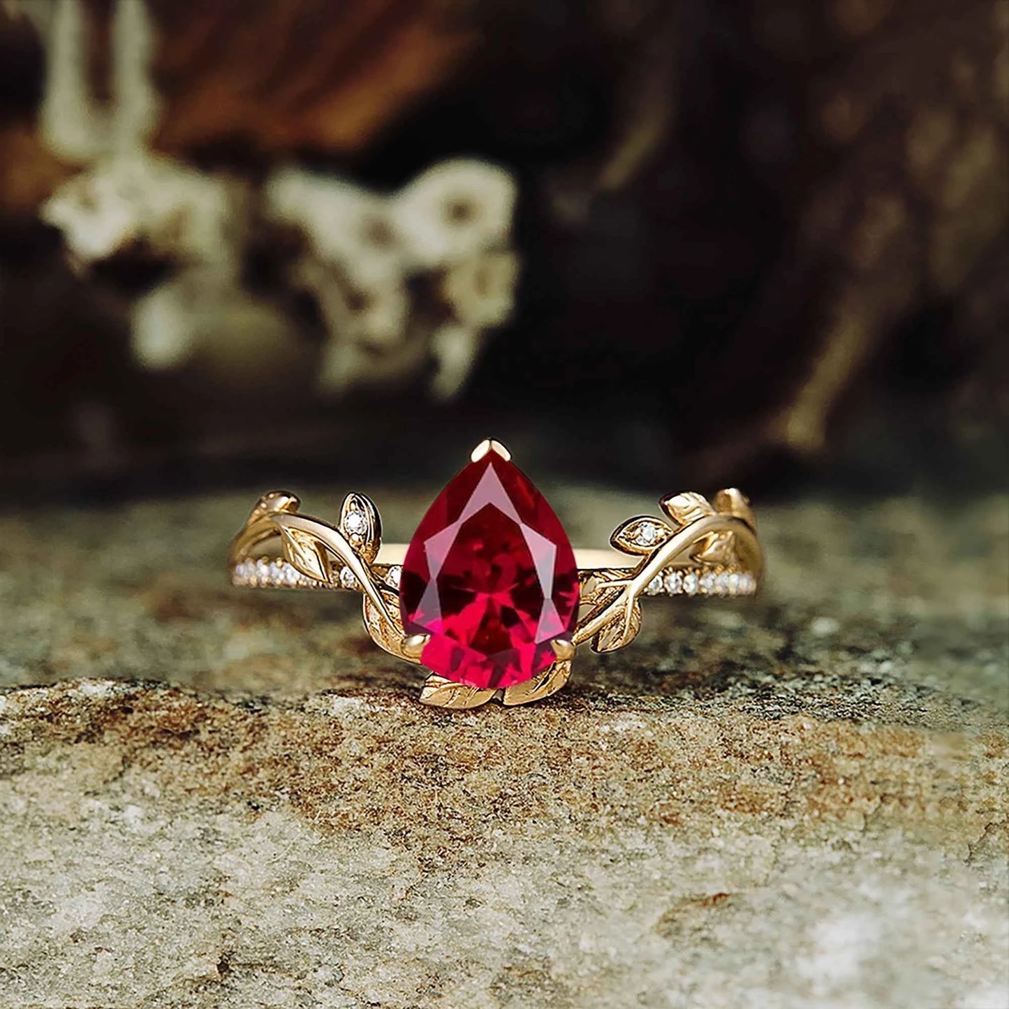 Pear Cut Ruby Nature Inspired Engagement Ring