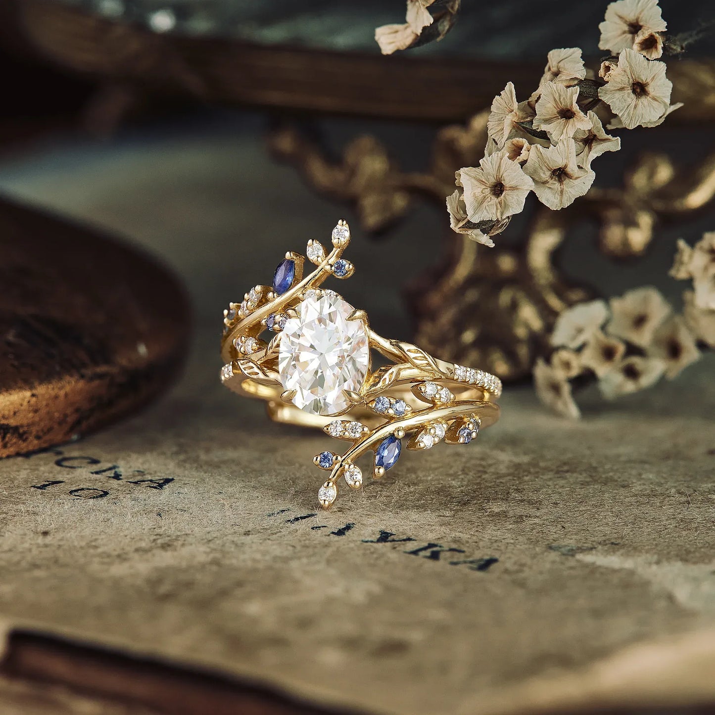 Oval Moissanite Half Eternity Leaf Engagement Ring Set 2pcs