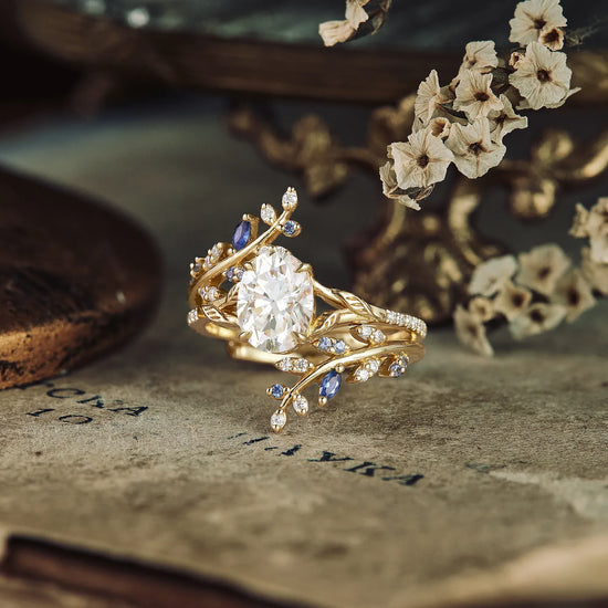 Oval Moissanite Half Eternity Leaf Engagement Ring Set 2pcs