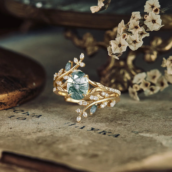 Moss Agate Engagement Ring Set