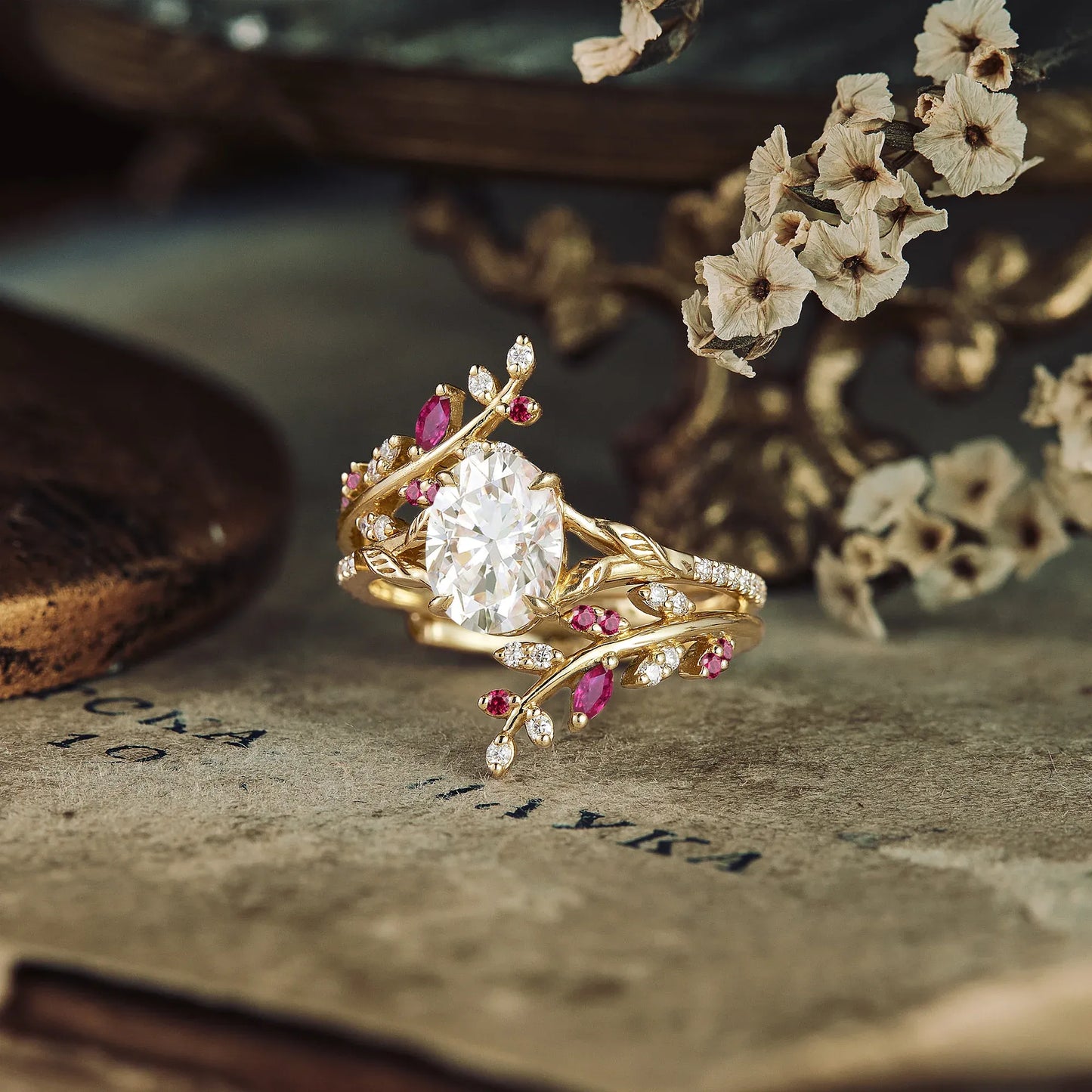 Oval Moissanite Half Eternity Ruby Leaf Engagement Ring Set