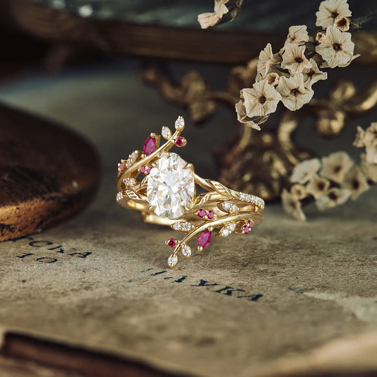 Oval Moissanite Half Eternity Ruby Leaf Engagement Ring Set