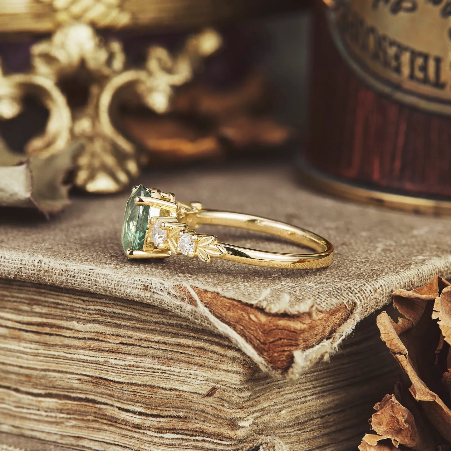 Oval Cut Green Sapphire Leaf Ring