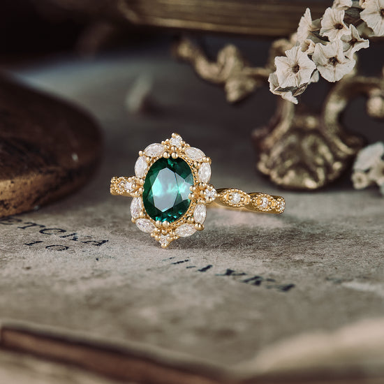 GemsMagic  Emerald Halo Engagement Ring