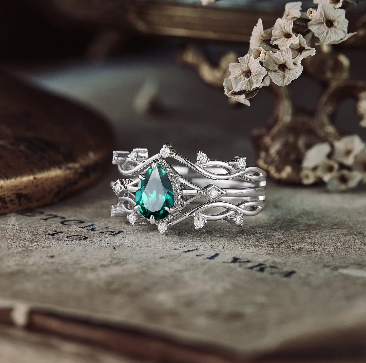 Pear Emerald Vineman Enhancer Ring Set
