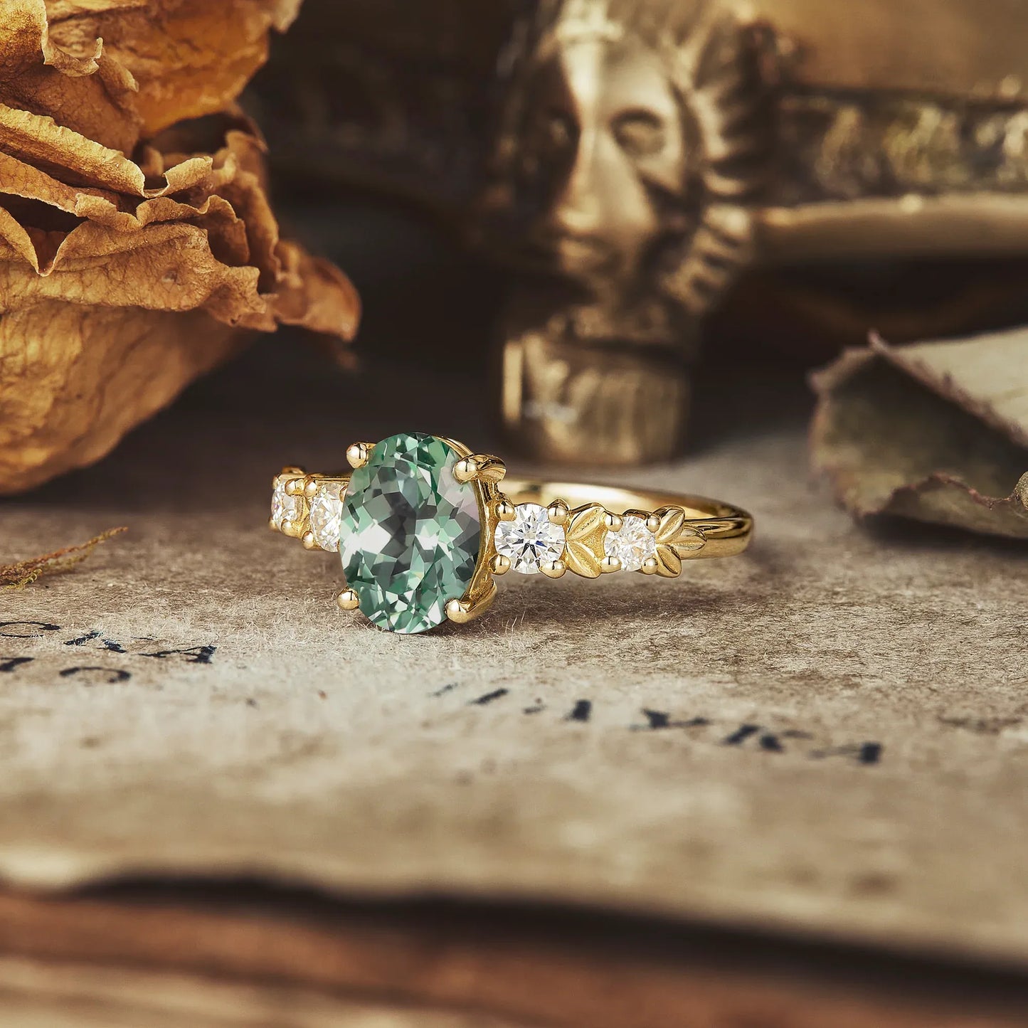 Oval Cut Green Sapphire Leaf Ring