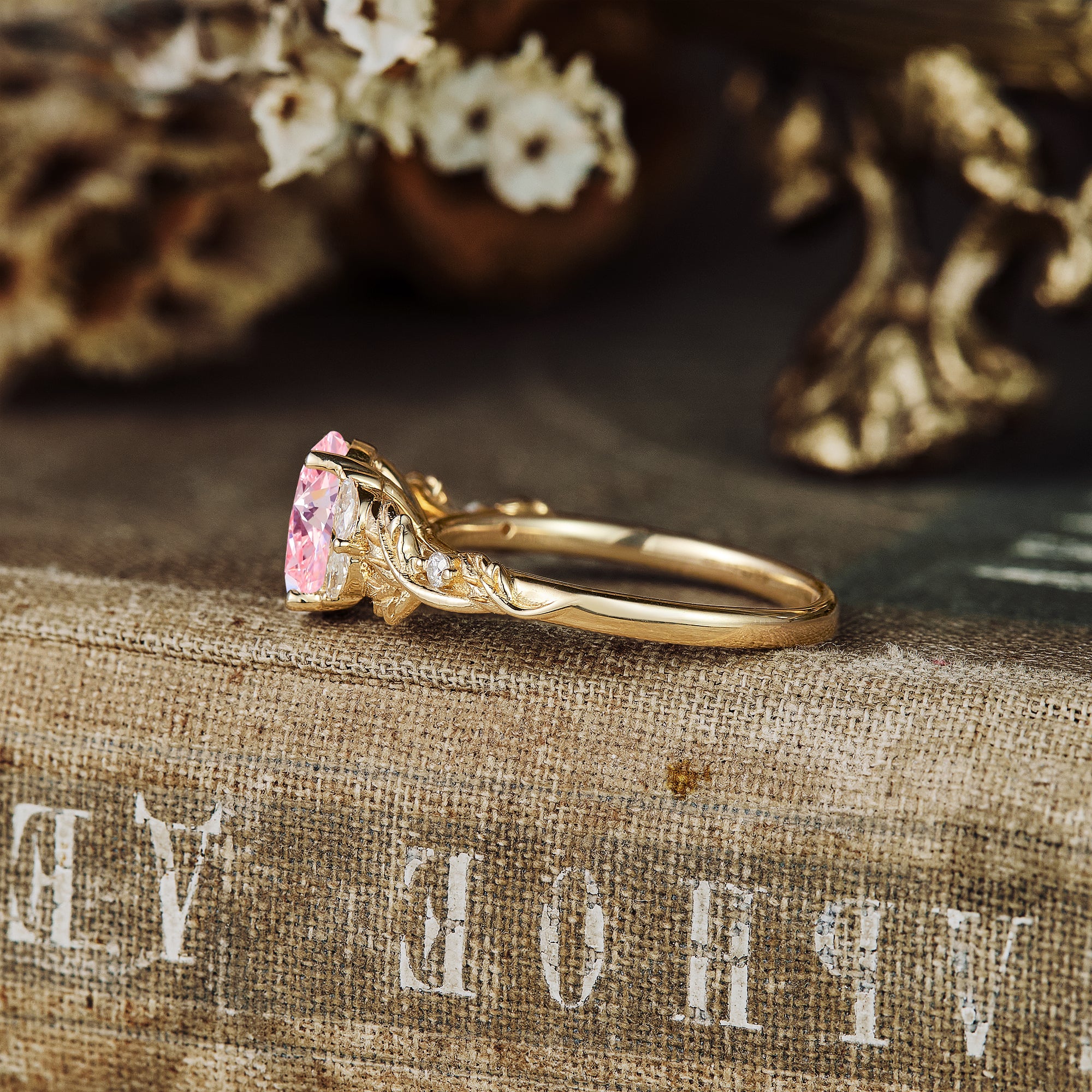 Lab Grown Pink Diamond Crossed Leaf Engagement Ring - Bella