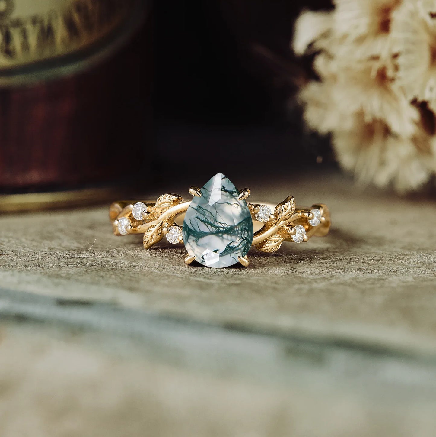 Moss Agate Leaf Engagement Ring