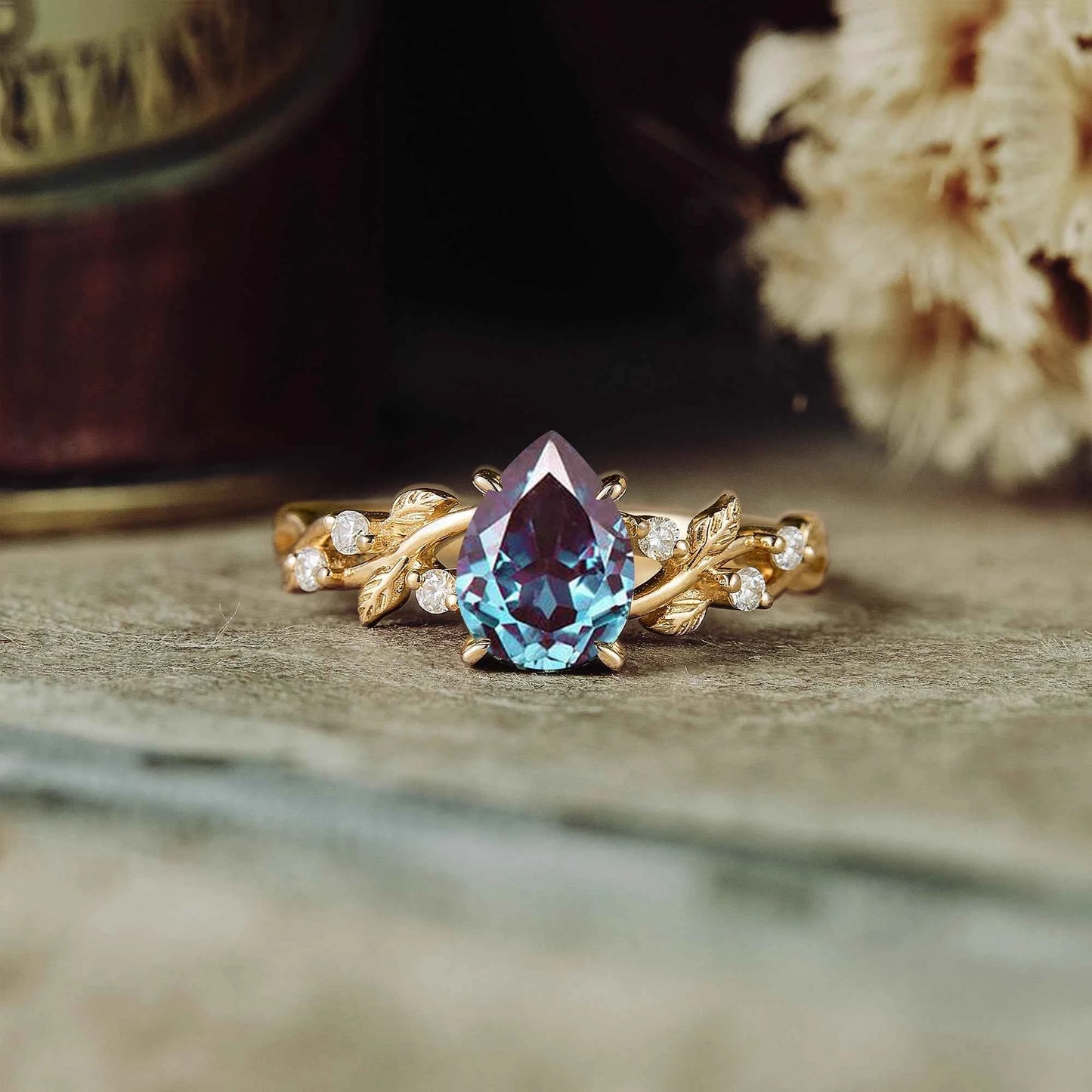 Pear Cut Alexandrite Nature Inspired Engagement Ring