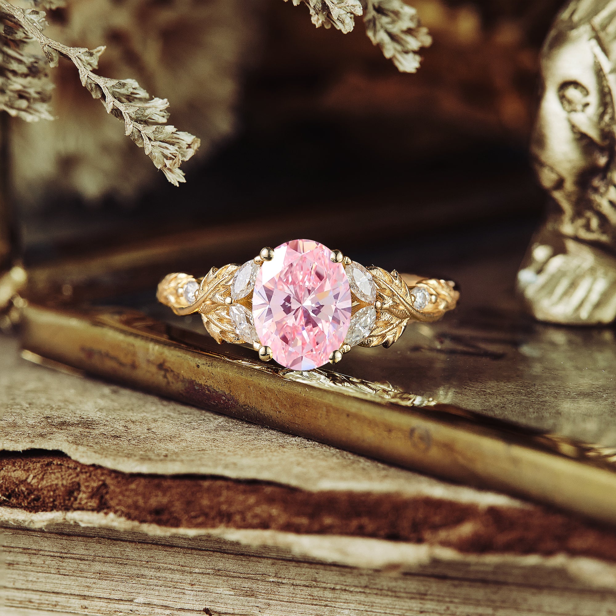 Lab Grown Pink Diamond Crossed Leaf Engagement Ring - Bella