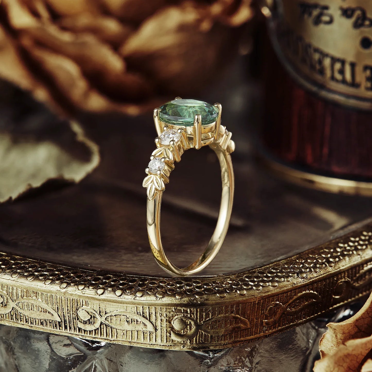 Oval Cut Green Sapphire Leaf Ring