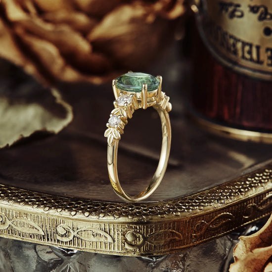 Oval Cut Green Sapphire Leaf Ring