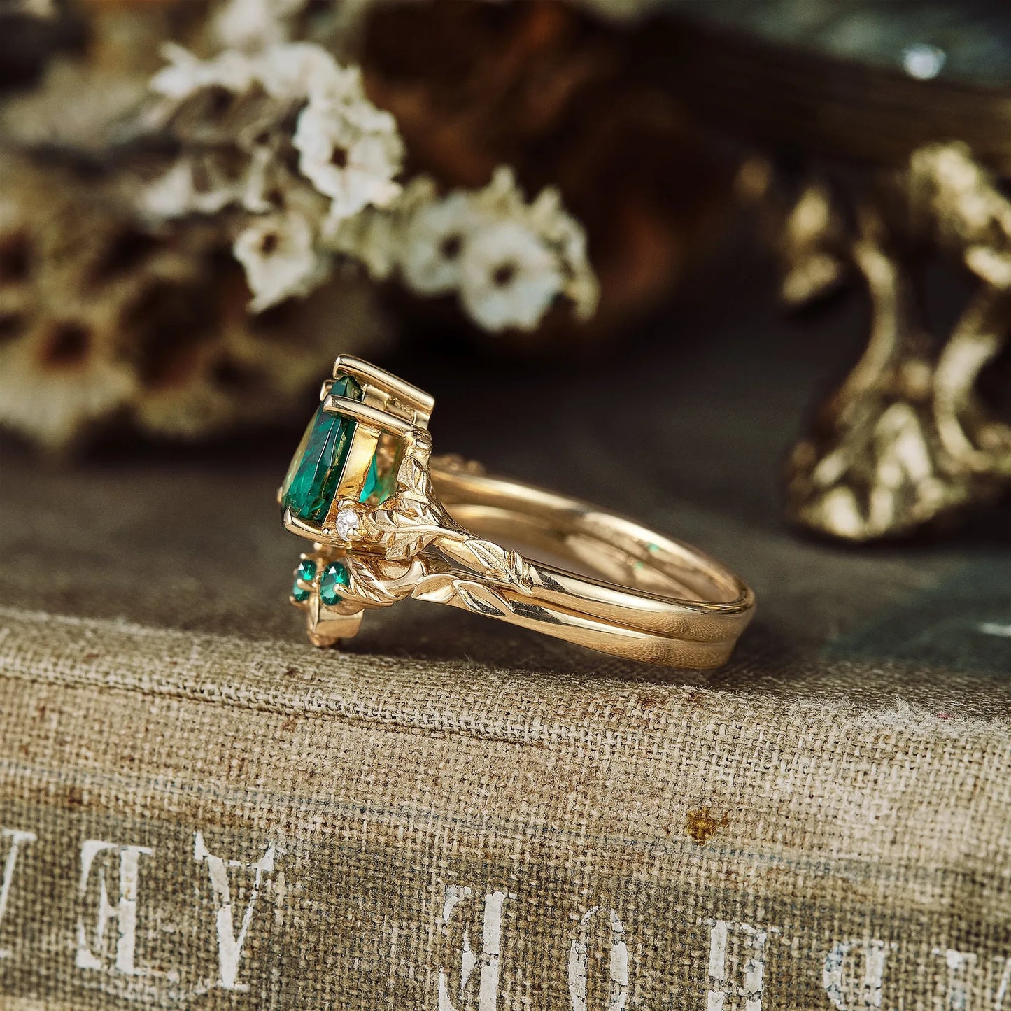 African Violet Inspired Emerald Engagement Ring Set