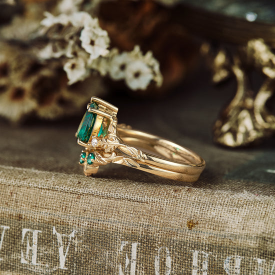 2PCS Rose Gold Emerald Cut Moss Agate Wedding Ring Set - Coolring Jewelry