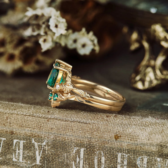 African Violet Inspired Emerald Engagement Ring Set