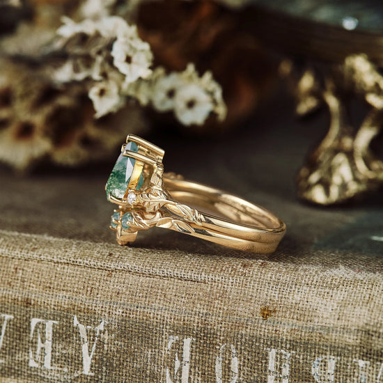 Moss Agate Engagement Ring Set 2pcs