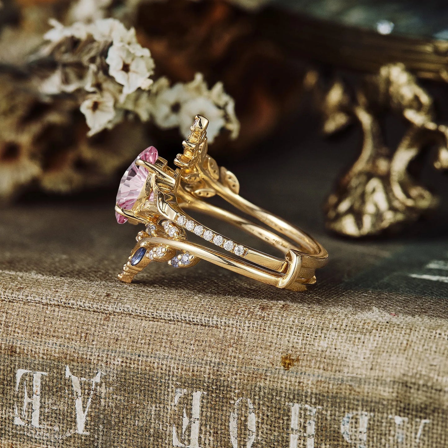 Sparkle Cut Padparadscha Engagement Ring Set