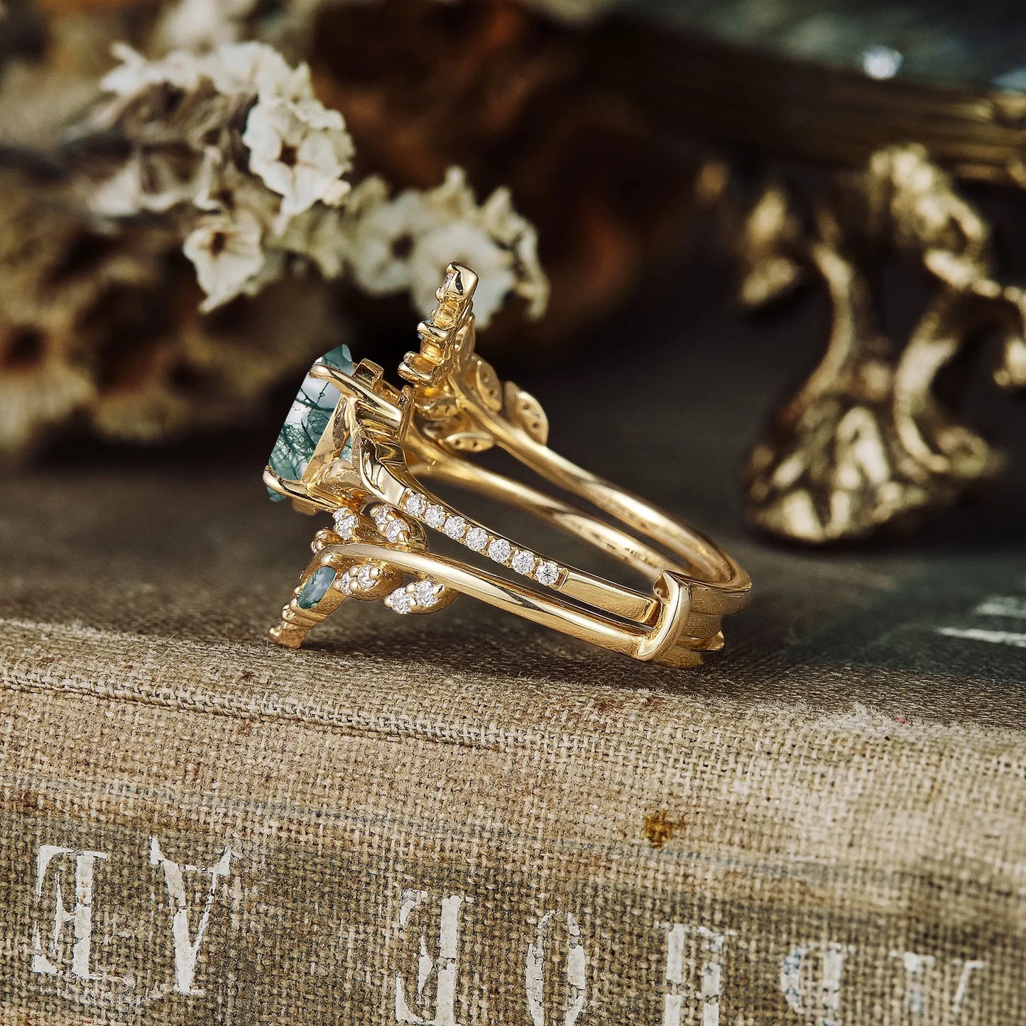 Moss Agate Engagement Ring Set