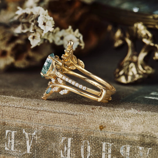 Moss Agate Engagement Ring Set