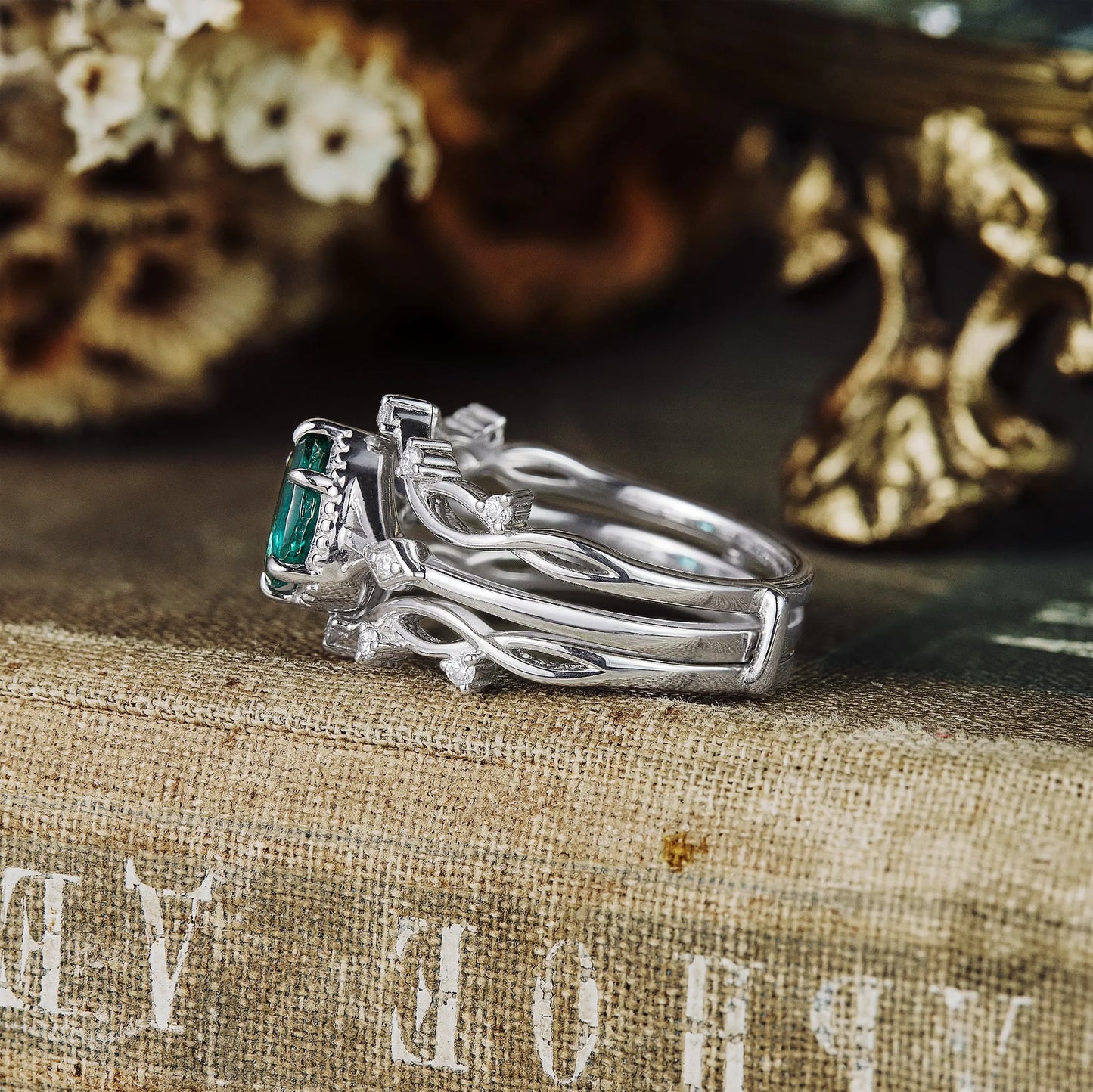 Pear Emerald Vineman Enhancer Ring Set
