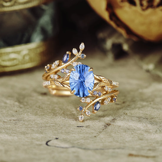 Sparkle Cut Cornflower Sapphire Engagement Ring Set 