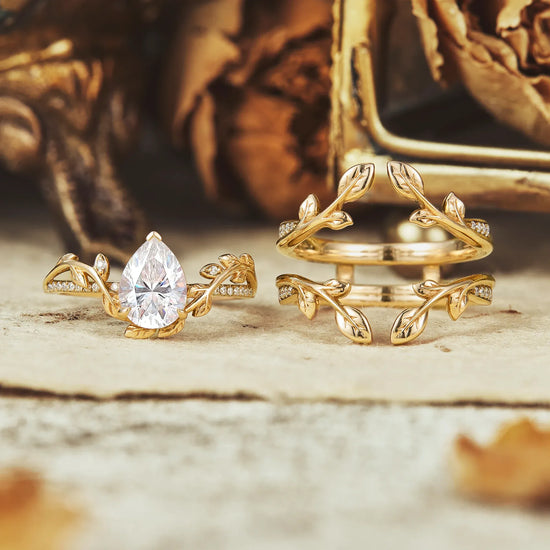 Pear Moissanite Natural Inspired Engagement Ring Set