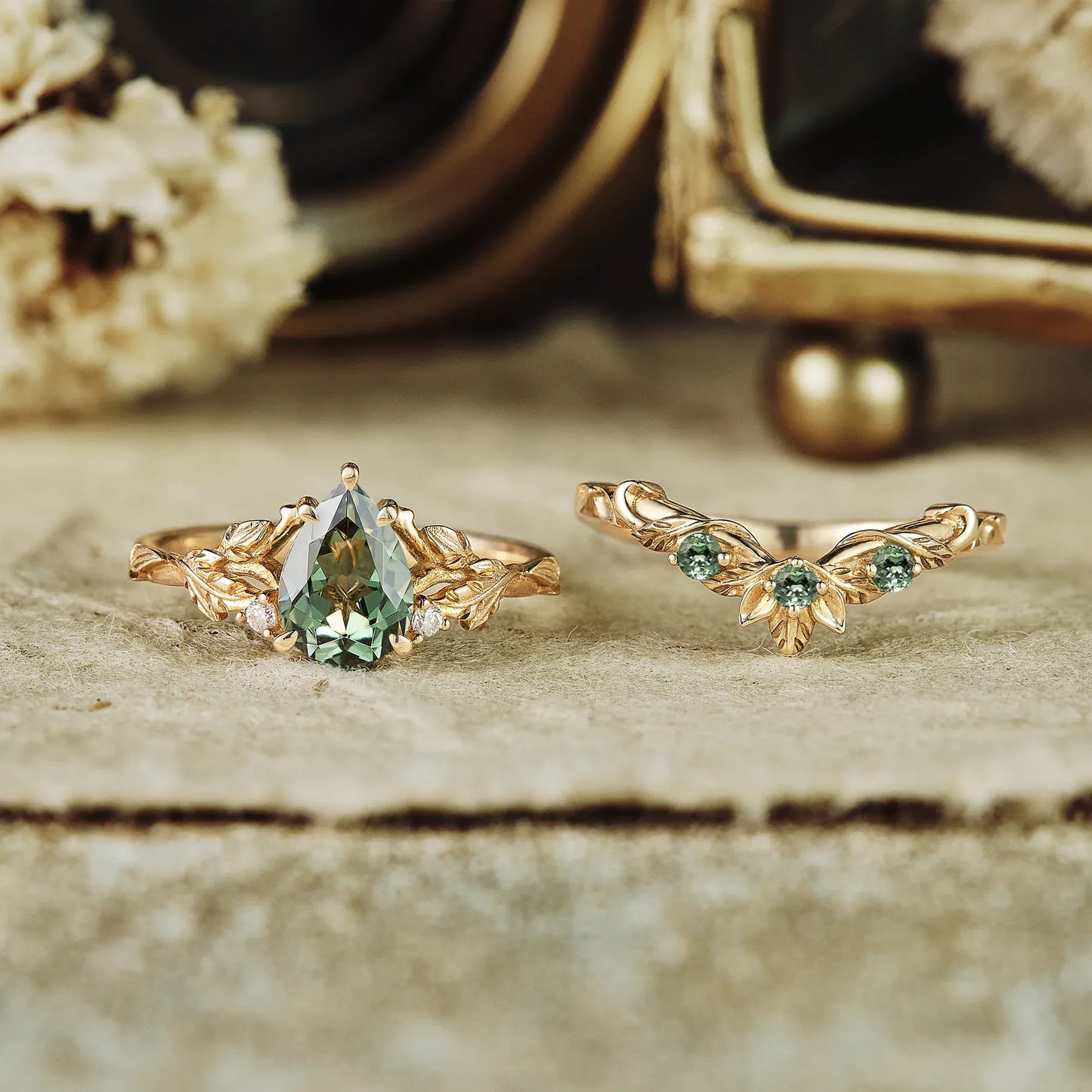 Green Sapphire Engagement Ring Set 2pcs