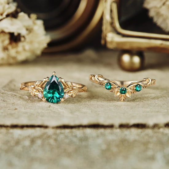 African Violet Inspired Emerald Engagement Ring Set