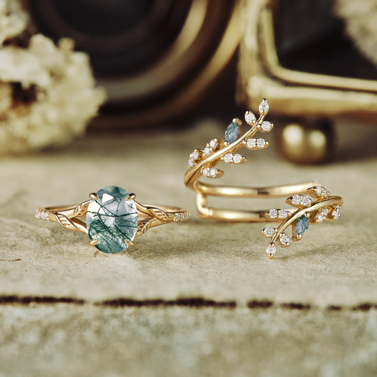 Moss Agate Engagement Ring Set