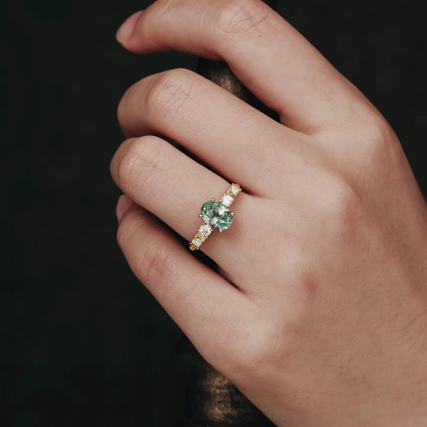 Oval Cut Green Sapphire Leaf Ring