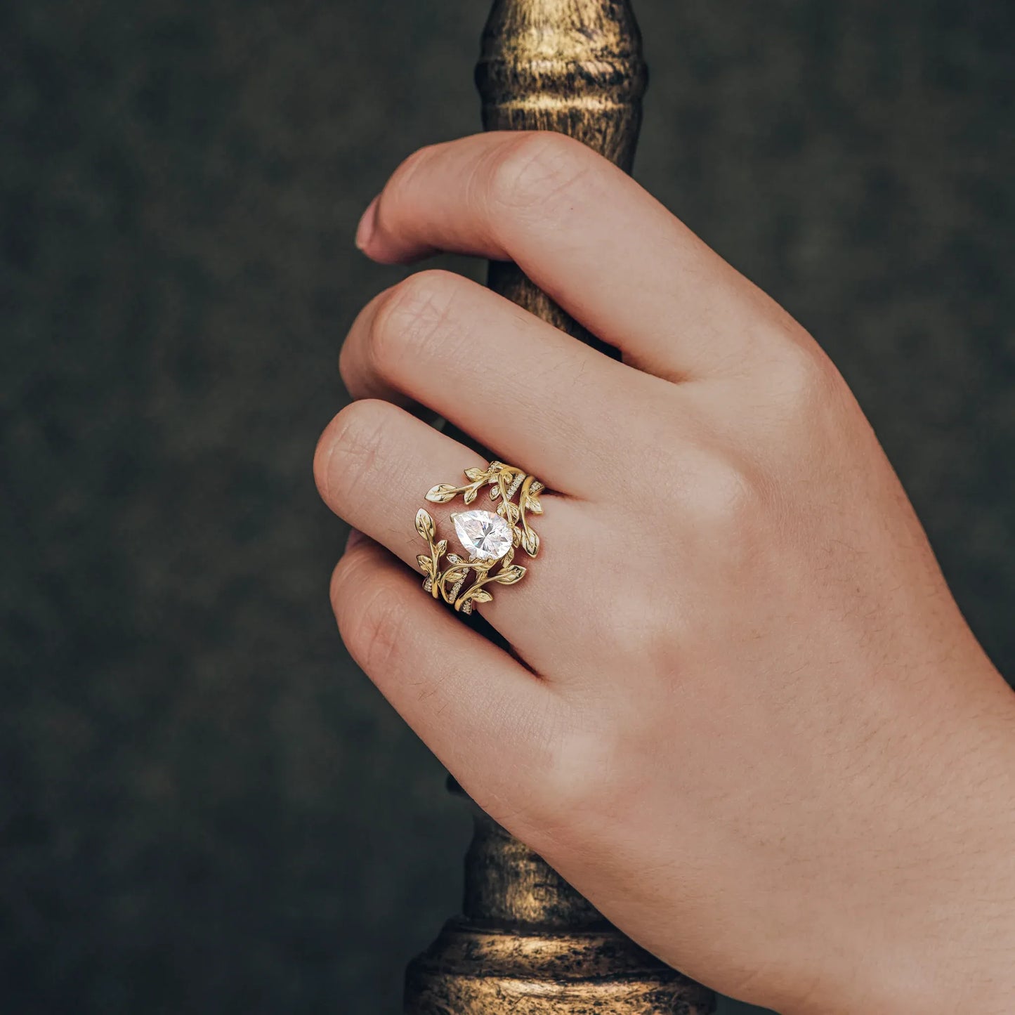 Pear Moissanite Natural Inspired Engagement Ring Set