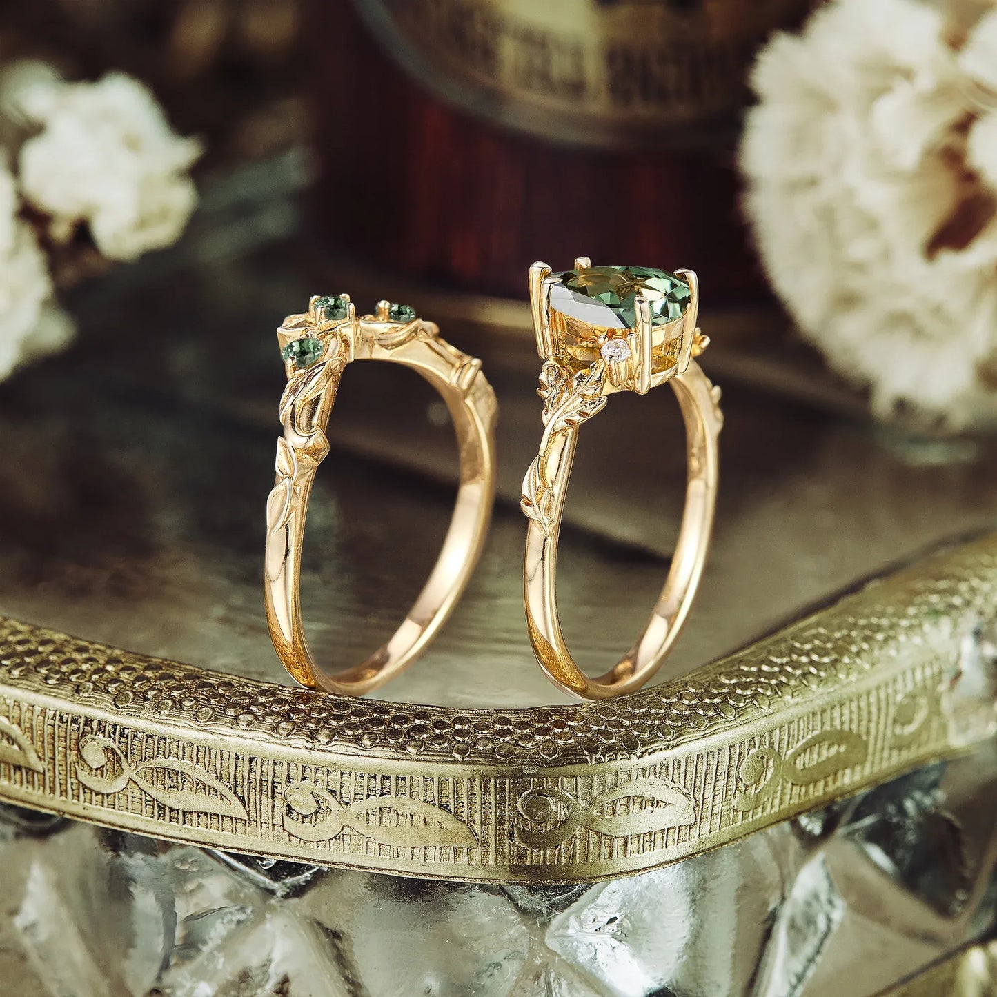 Green Sapphire Engagement Ring Set 2pcs