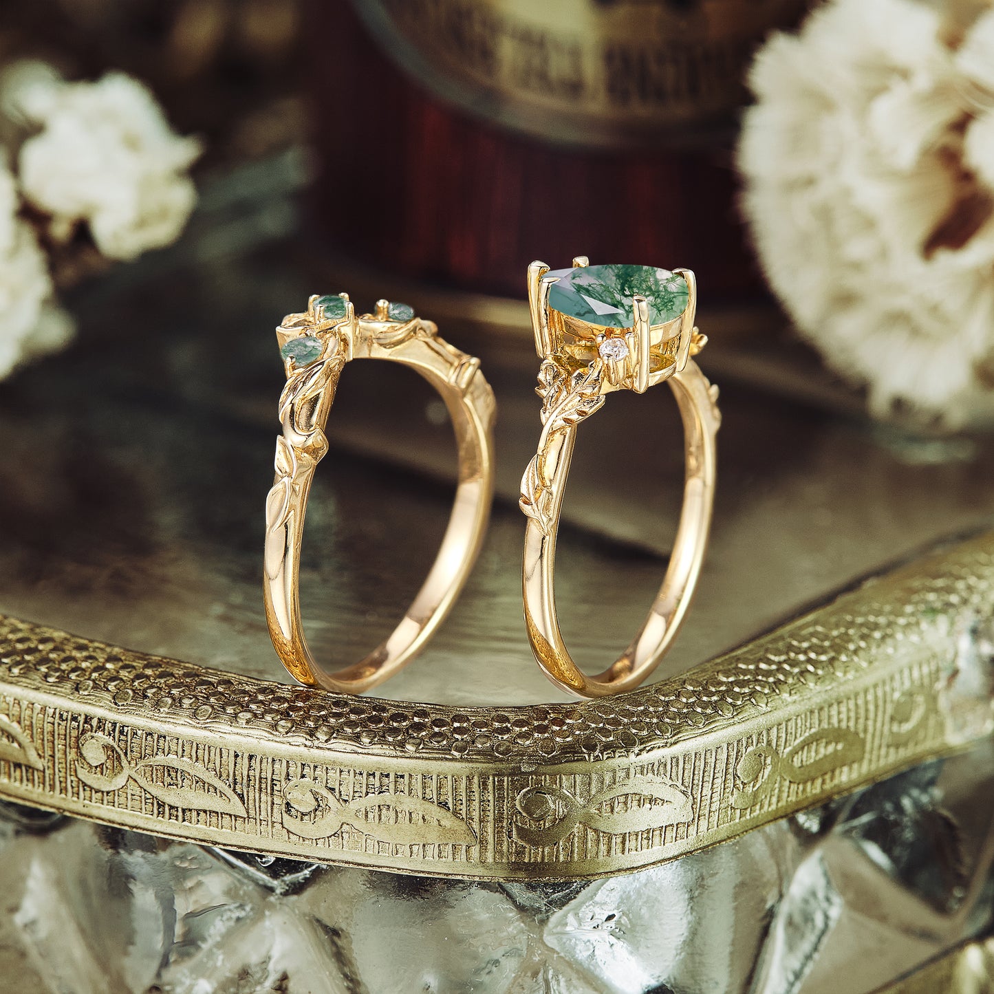 GemsMagic African Violet Inspired Moss Agate Engagement Ring Set 2pcs - Amara