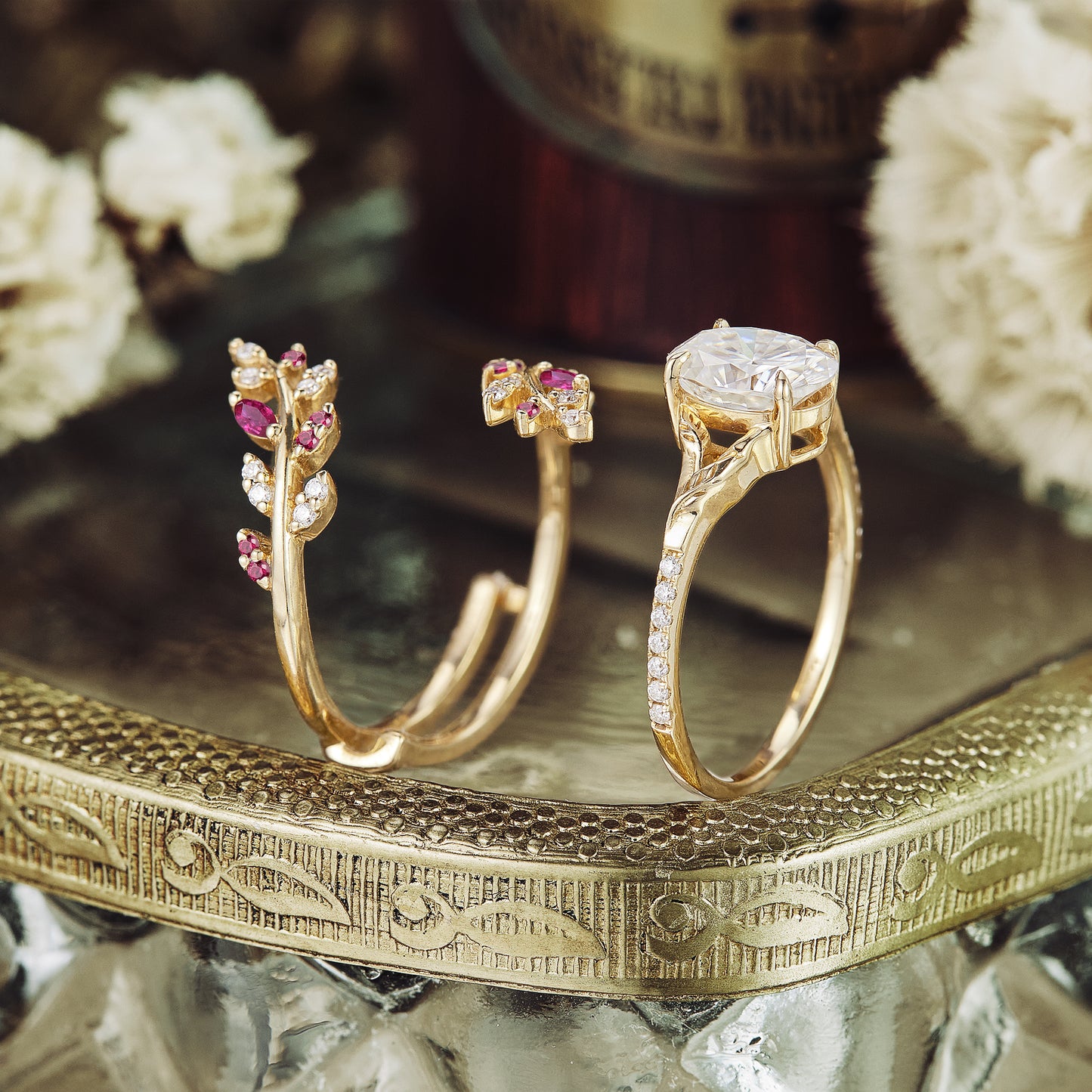 Floral-inspired nature engagement ring duo with moissanite and pink gemstone accents