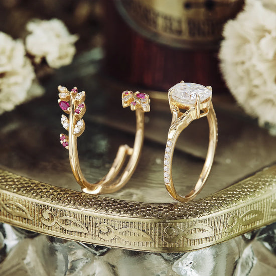 Oval Moissanite Half Eternity Ruby Leaf Engagement Ring Set