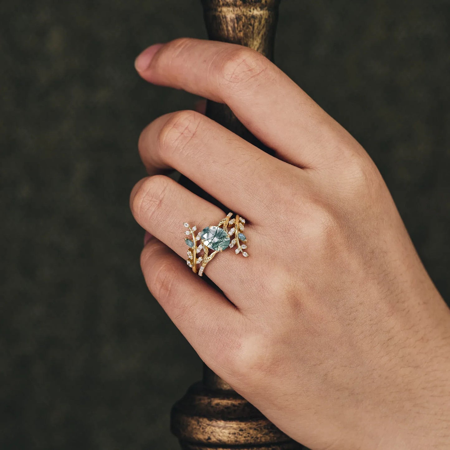 Moss Agate Engagement Ring Set