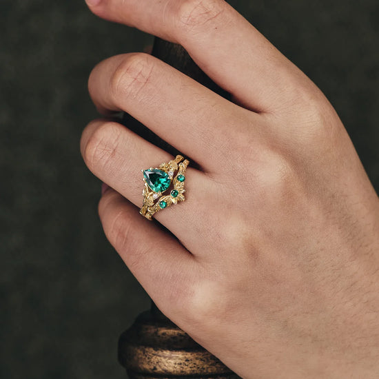 African Violet Inspired Emerald Engagement Ring Set