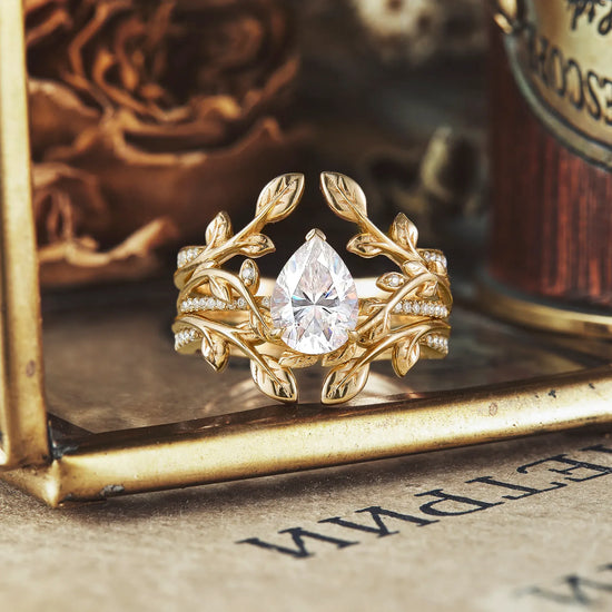 Pear Moissanite Natural Inspired Engagement Ring Set