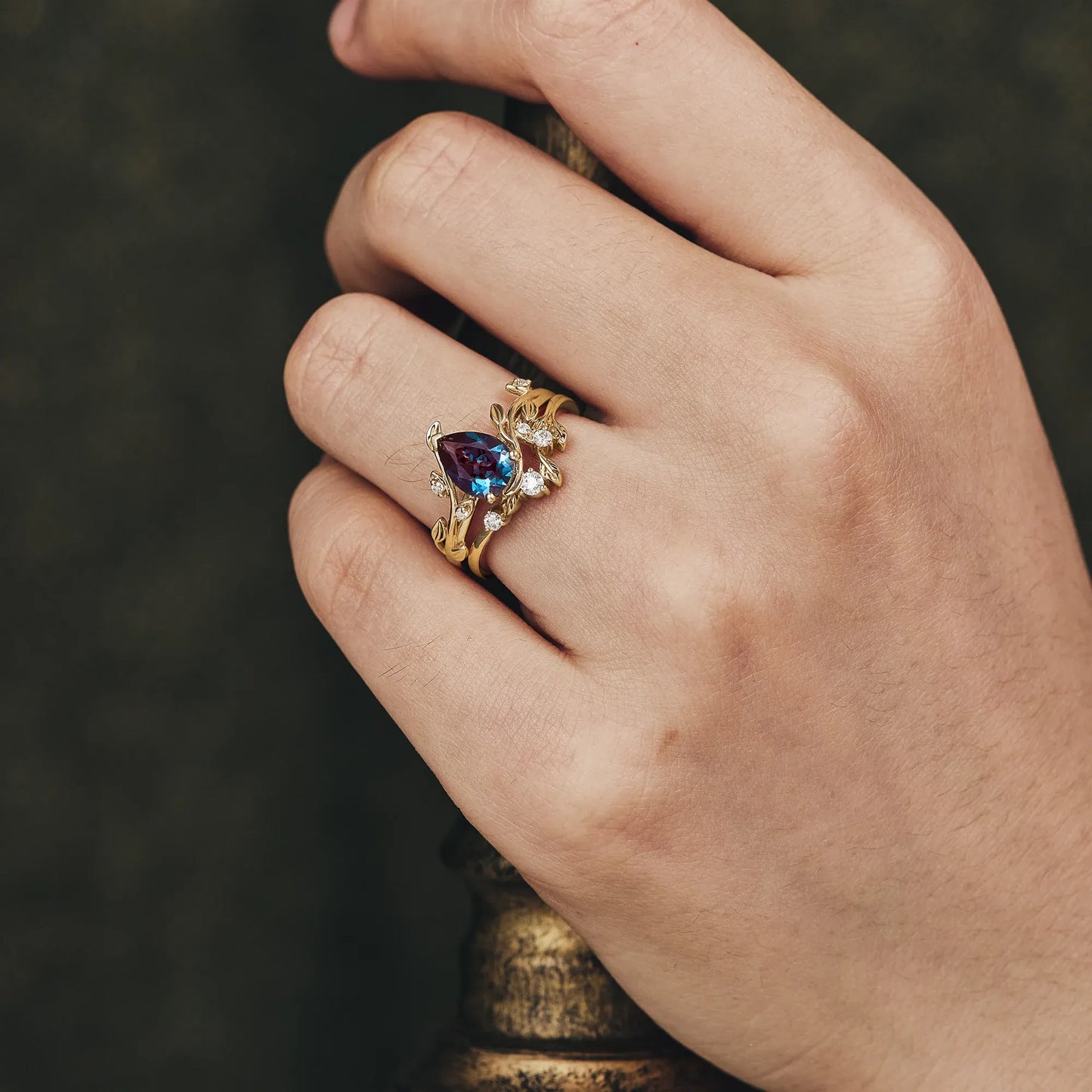 Pear Cut Alexandrite Engagement Ring Set