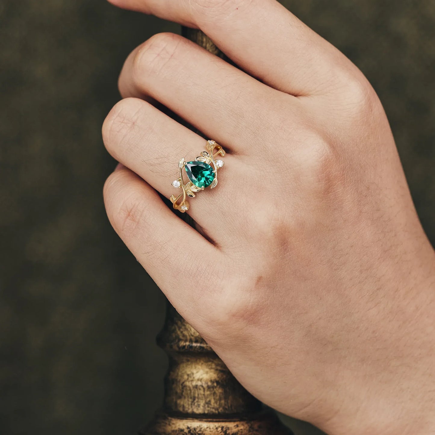 Pear Cut Emerald Leaf Ring