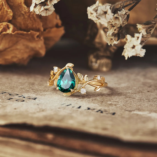 Pear Cut Emerald Leaf Ring