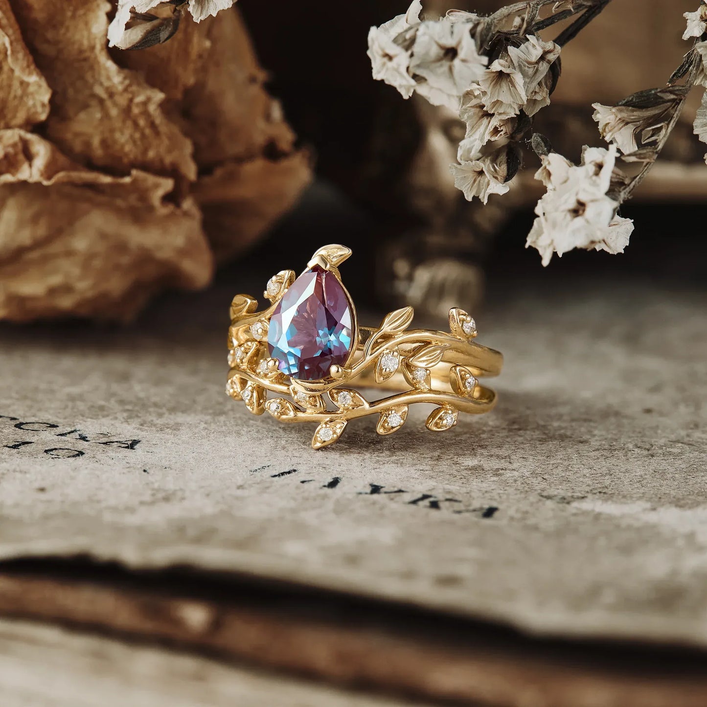 Pear Cut Alexandrite Engagement Ring Set