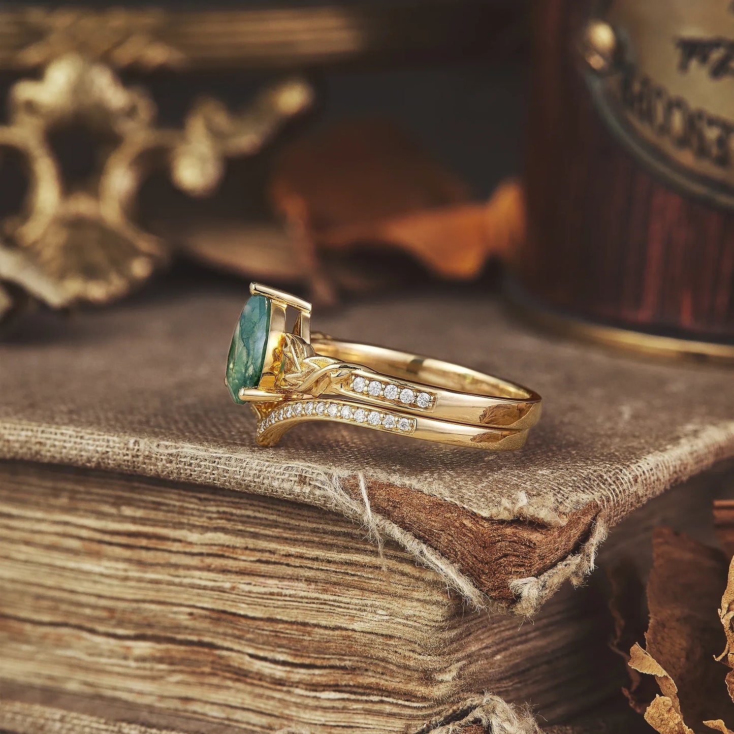 Pear Shape Moss Agate Engagement Ring