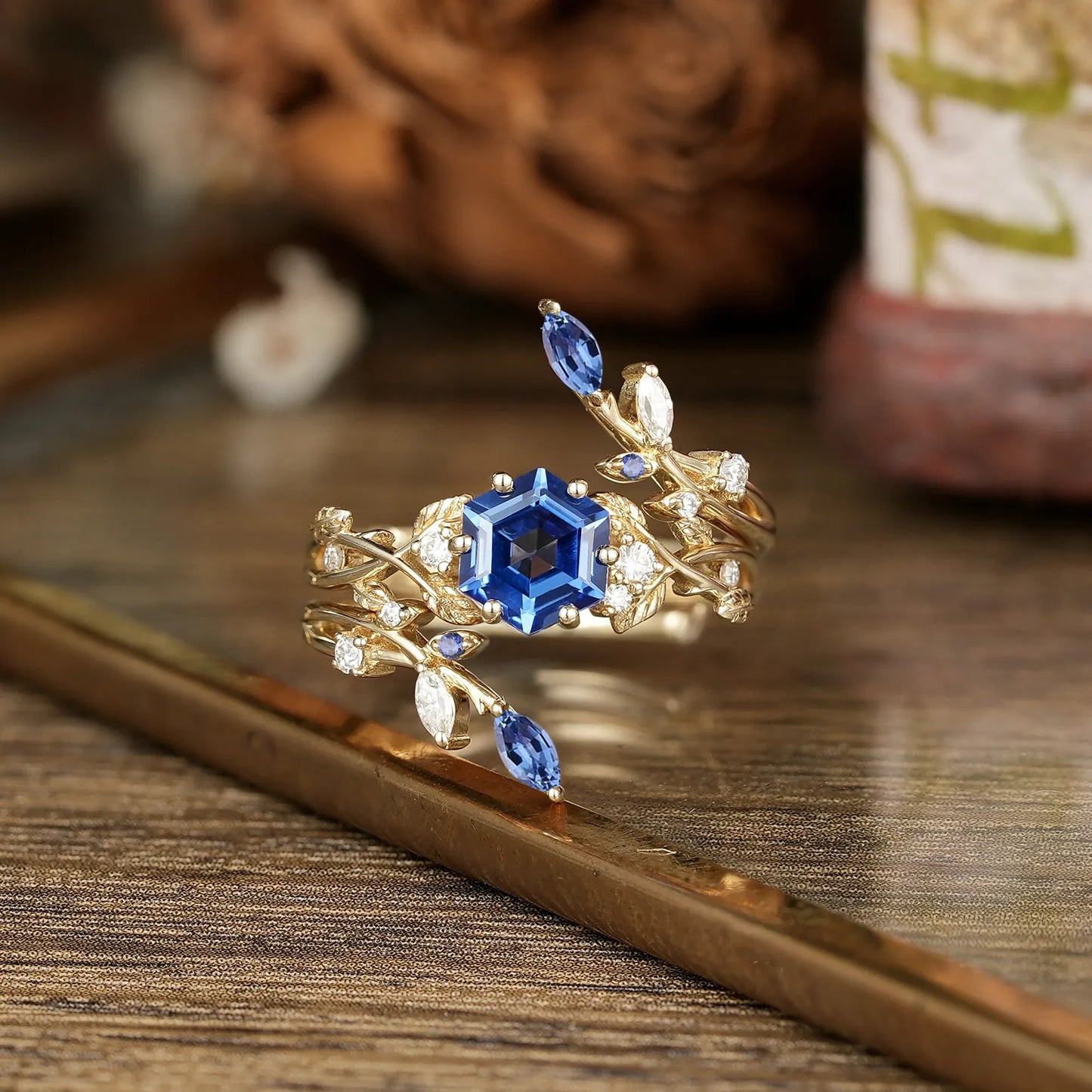 Hexagon Sapphire Vine Ring Set
