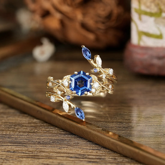 Hexagon Sapphire Vine Ring Set
