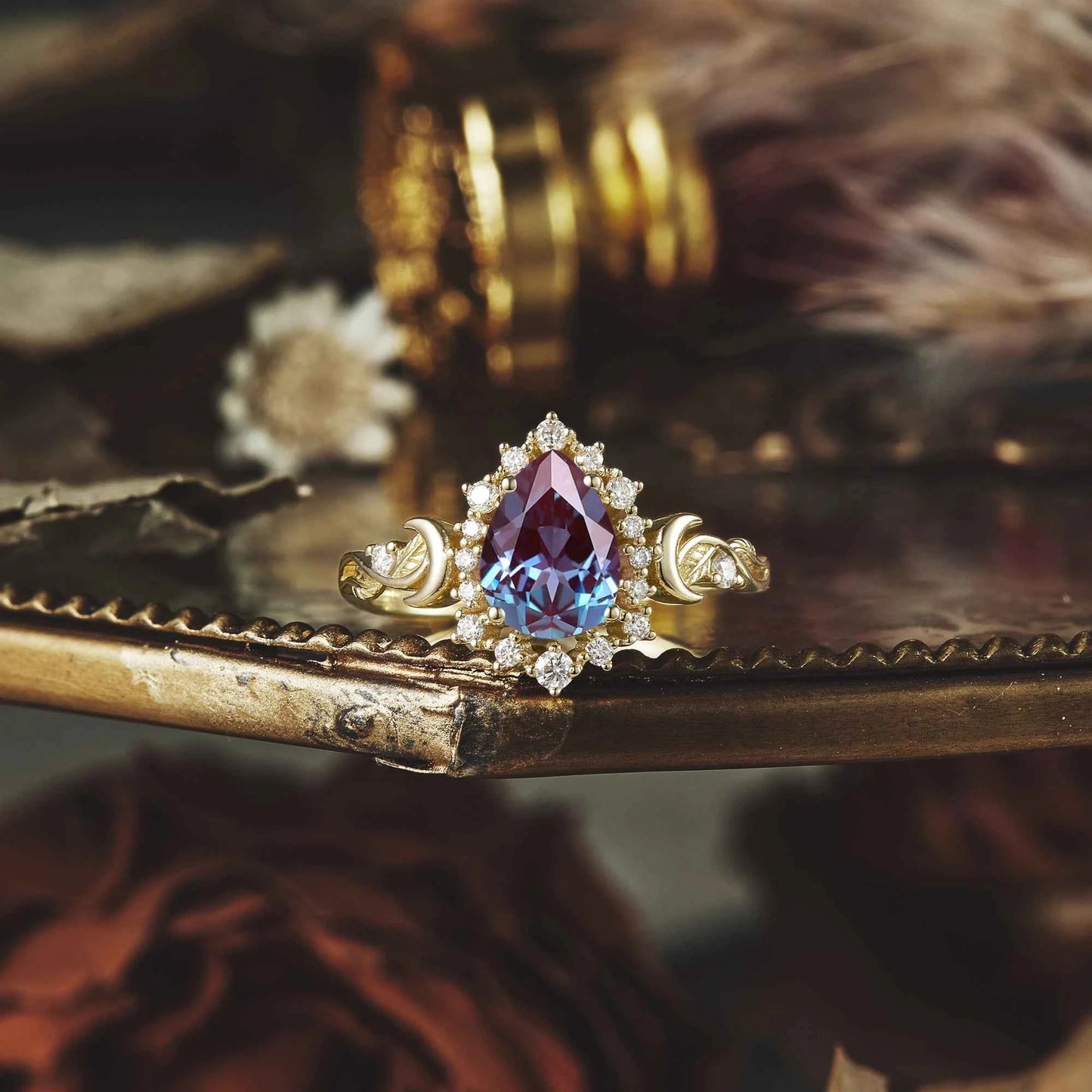 Vintage Pear Cut Alexandrite Nature Inspired Halo Engagement Ring