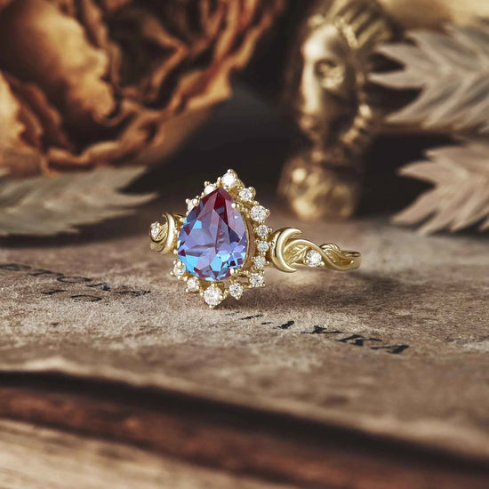 Vintage Pear Cut Alexandrite Nature Inspired Halo Engagement Ring