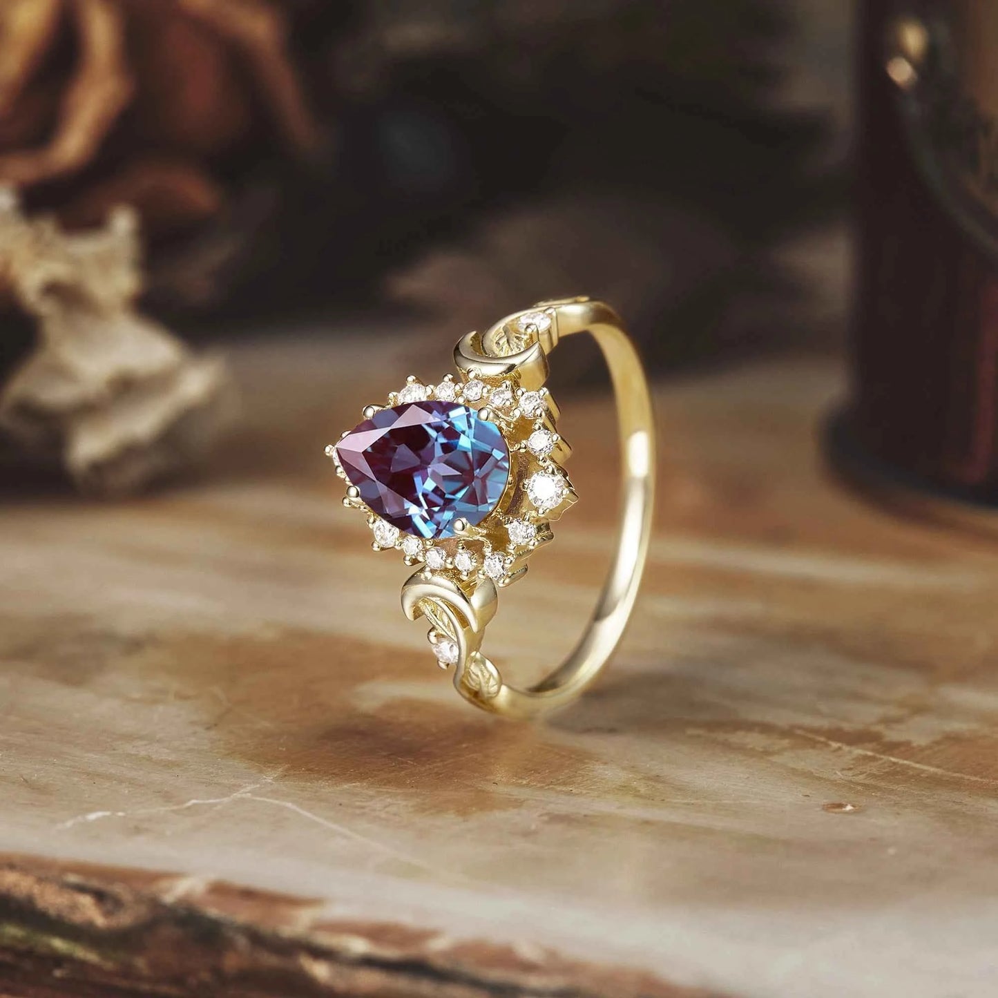 Vintage Pear Cut Alexandrite Nature Inspired Halo Engagement Ring